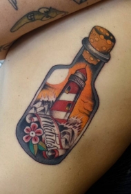 腿部漂亮的彩色小瓶子纹身图案