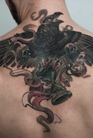 背部new school彩色大乌鸦与沙漏纹身图案