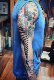 手臂彩色DNA与大时钟纹身图案