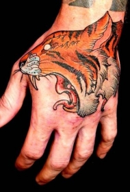 手背彩色咆哮的老虎头纹身图案