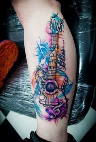 腿部个性彩绘吉他音乐纹身图案
