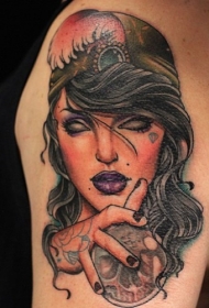 新的学校风格彩色恶魔女巫骷髅纹身图案