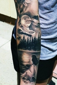 手臂甜蜜黑白湖岸夜景星空女孩纹身图案