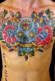 old school彩色墨西哥风格骷髅胸部纹身图案