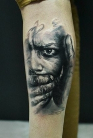 小腿彩色手掌捂住女人脸纹身图案