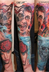 手臂彩色恐怖风格各种人类和怪物肖像纹身