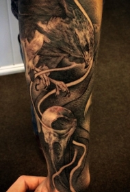 小臂有趣的黑白骷髅与老鹰纹身图案