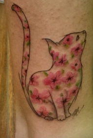 迷你黑色猫咪轮廓与粉红色花朵纹身图案