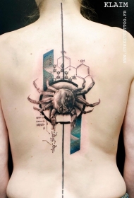 背部new school彩色螃蟹与化学符号纹身图案