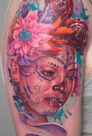 肩部彩色艺伎死亡女神纹身图案