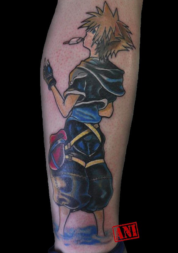 小腿亚洲风格彩绘卡通男孩纹身图案