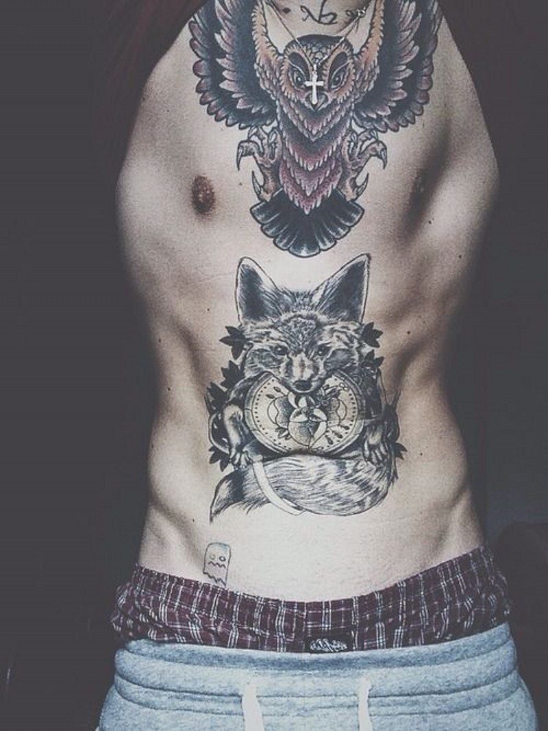 old school胸部彩绘猫头鹰与狐狸纹身图案