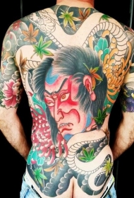 满背巨大的old school蛇菊花生首彩色纹身图案