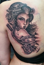 背部old school黑白诱人的艺妓女人纹身图案