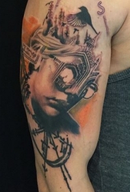 大臂欧美彩色人脸与中世纪教堂时钟纹身图案