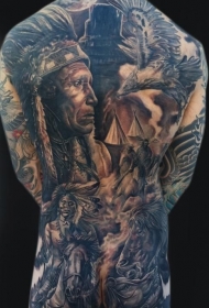 背部北美土著风格人像纹身图案