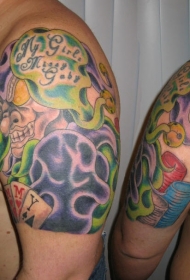 男性肩部彩色老精灵纹身图案