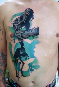 胸部和腹部new school彩色恐龙骨架纹身图案