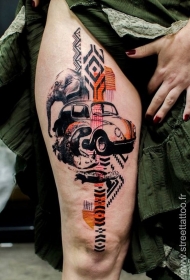 大腿彩色汽车大象个性纹身图案