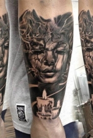 小臂现代传统风格黑色女性肖像蜡烛纹身图案