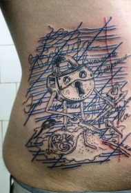 腰侧线条小神秘卡通锁纹身图案