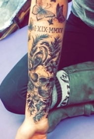 生动的植物素材花朵个性线条骷髅头纹身图案