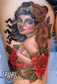 腿部彩色old school吉普赛女人纹身图片