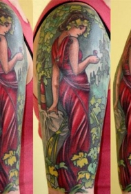 彩色肩部妇女肖像与植物纹身图案