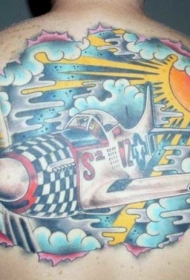 背部插画风格彩色二战战斗机卡通纹身纹身图案