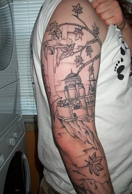 花臂黑白穆斯林主题纹身图案