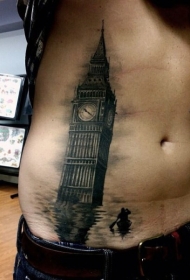 壮观写实的黑色建筑和水面侧肋纹身图案