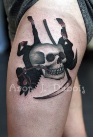 大腿卡通马与头骨彩色纹身图案