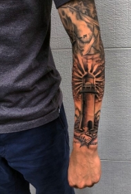 黑灰风格小灯塔小臂纹身图案