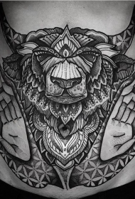 腹部黑色点刺风格恶魔山羊纹身图案