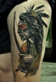 腿部彩色古代印度射手男子纹身