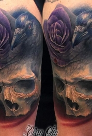 新学校风格人类头骨与乌鸦纹身图案