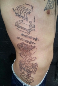 侧肋令人惊叹的汽车部件纹身图案