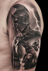 大臂黑灰风格古怪的战士纹身图案