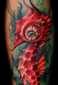 腿部卡通红色海马和毛骨悚然的眼睛纹身图案