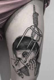 大腿超现实主义风格黑色女人头像纹身图案