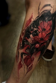 腿部墨西哥土著传统彩色女子肖像纹身