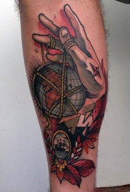 腿部新的学校风格彩色地球仪纹身