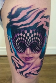 大腿超现实主义风格的彩色女人肖像纹身图案