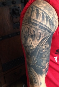 手臂黑白角斗士古罗马竞技场纹身图案