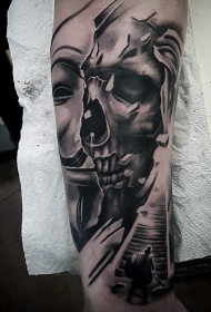 手臂雕刻风格黑色匿名面具和骷髅纹身图案