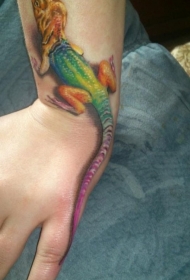 女性手腕上的五彩蜥蜴纹身图案