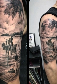 手臂梦幻般非常逼真的黑白捕鱼家庭纹身图案