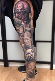 腿部黑白写实的各种恐怖电影角色纹身图案