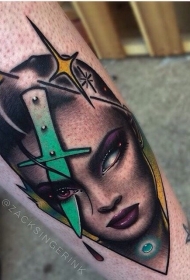 new school风格典型恶魔女肖像和星星纹身图案