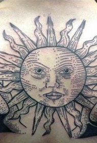 背部黑色线条手和太阳纹身图案